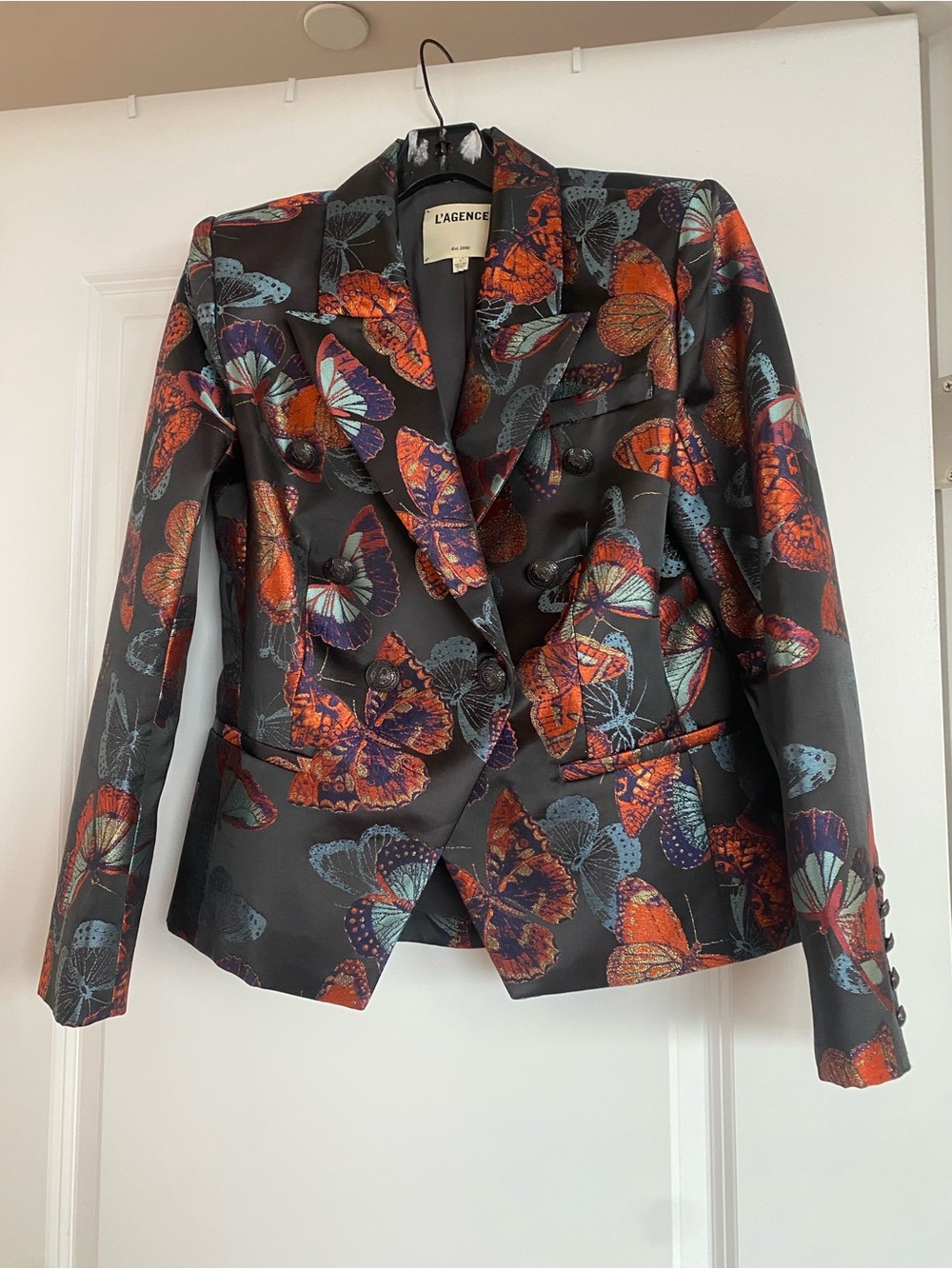 L'AGENCE Marie Black Jacquard Butterfly-Print Double Breasted Blazer. Sz 8